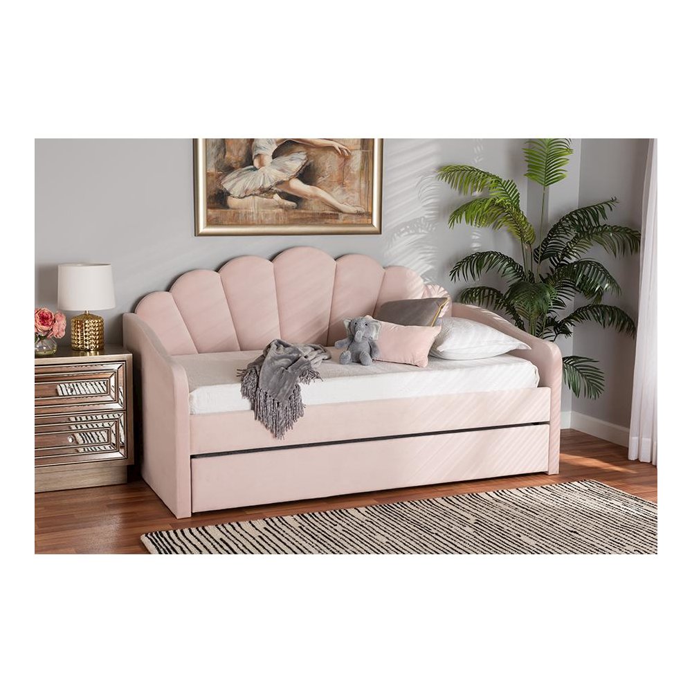 Light Pink Velvet Fabric Upholstered Full Size Daybed with Trundle