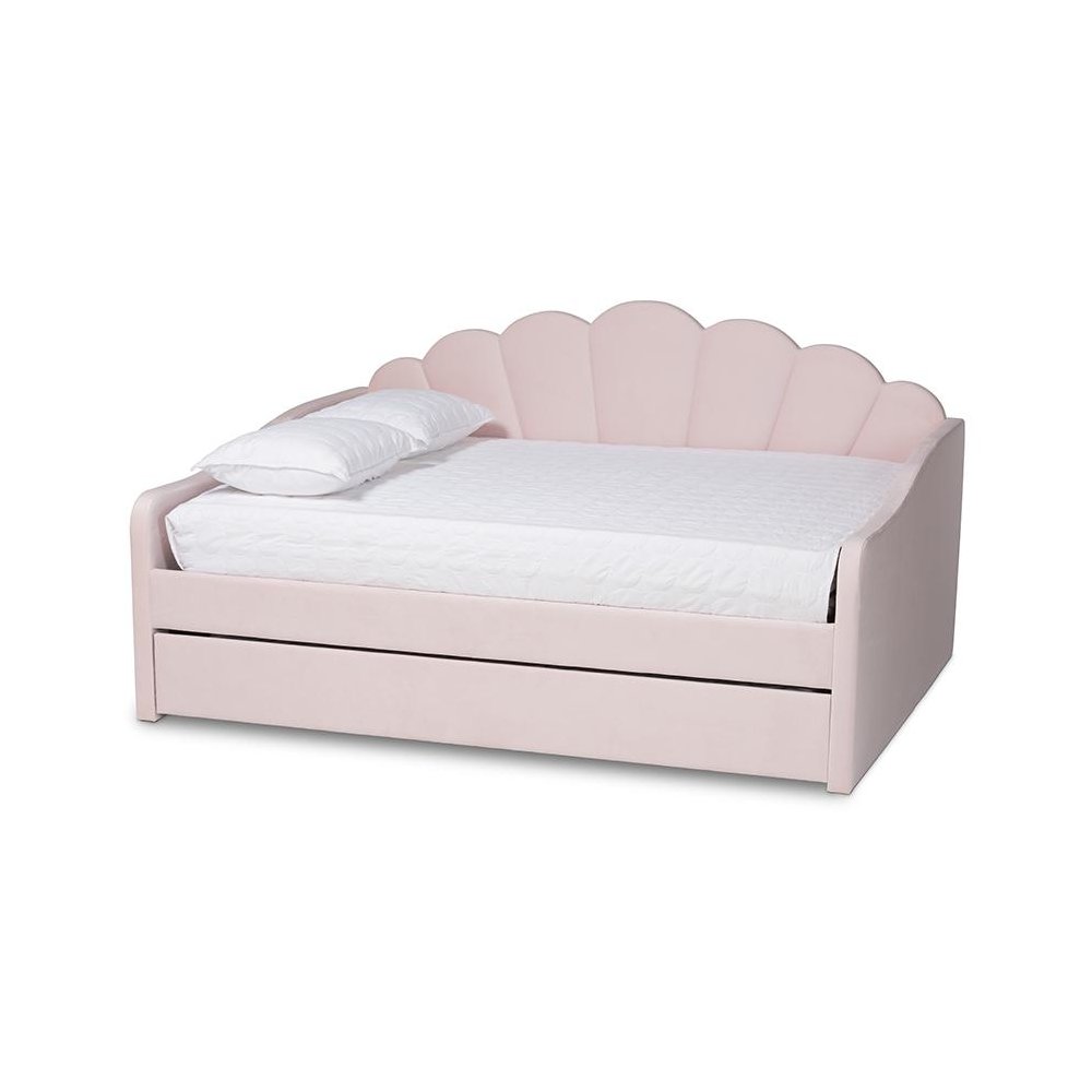 Light Pink Velvet Fabric Upholstered Queen Size Daybed with Trundle