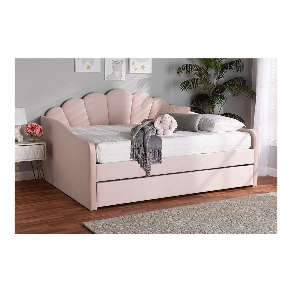 Light Pink Velvet Fabric Upholstered Queen Size Daybed with Trundle