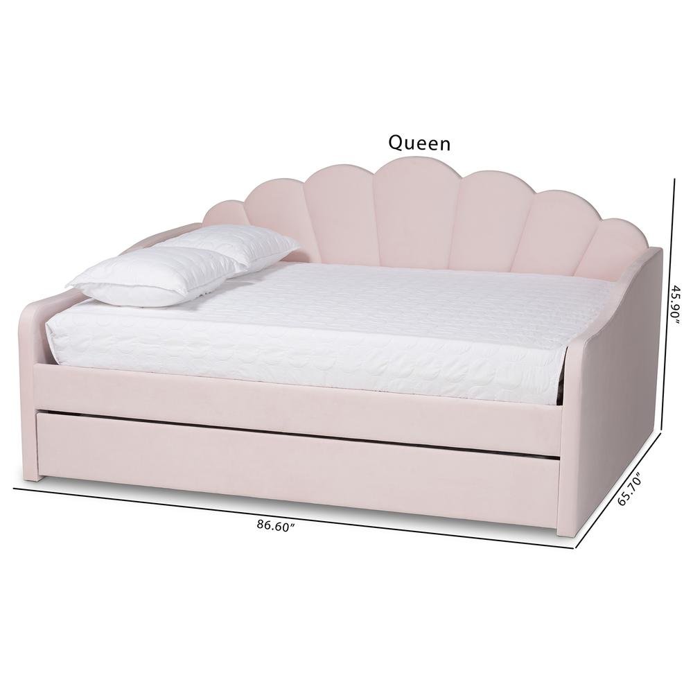 Light Pink Velvet Fabric Upholstered Queen Size Daybed with Trundle