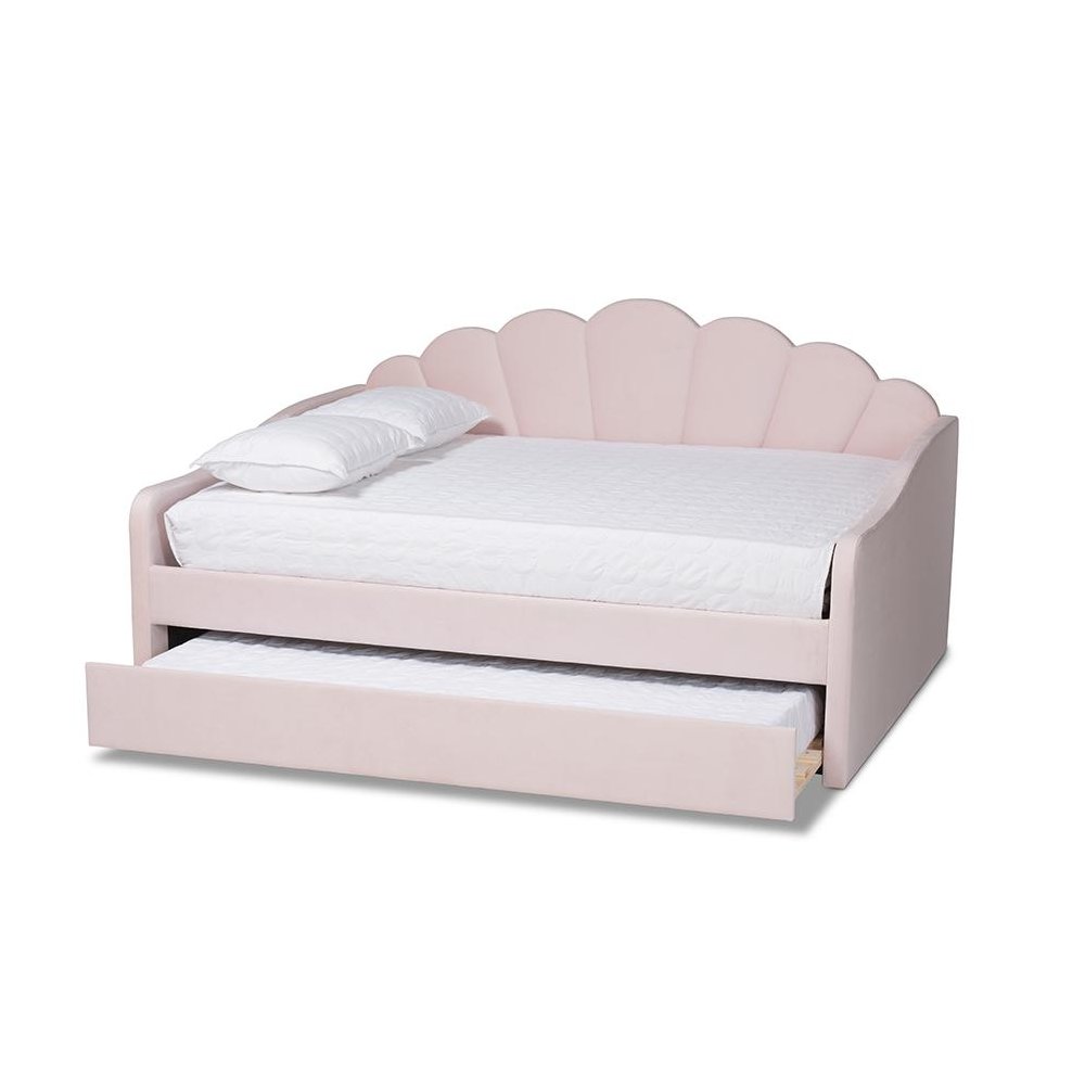 Light Pink Velvet Fabric Upholstered Queen Size Daybed with Trundle
