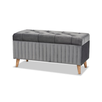 Grey Velvet Fabric Upholstered and Walnut Brown Finished Wood Storage Ottoman