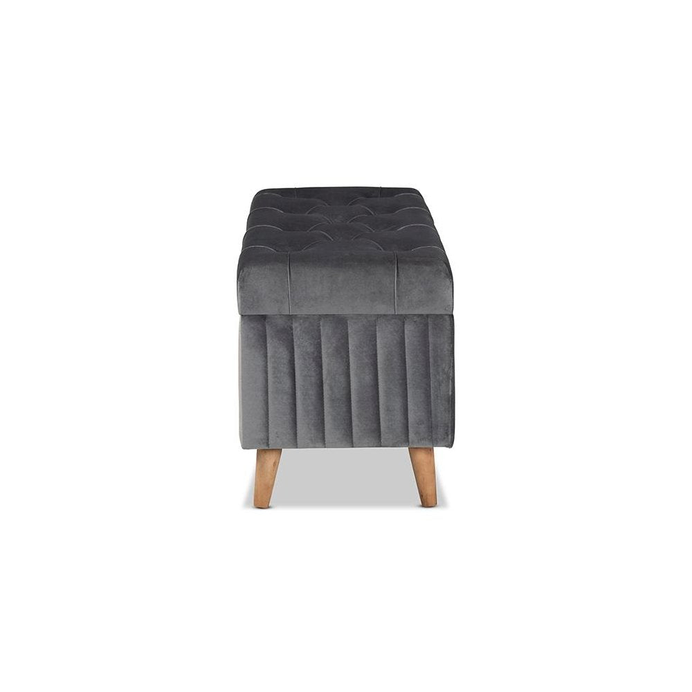 Grey Velvet Fabric Upholstered and Walnut Brown Finished Wood Storage Ottoman