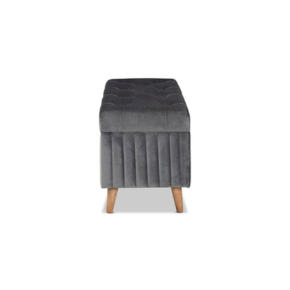 Grey Velvet Fabric Upholstered and Walnut Brown Finished Wood Storage Ottoman