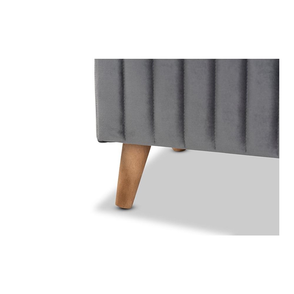 Grey Velvet Fabric Upholstered and Walnut Brown Finished Wood Storage Ottoman