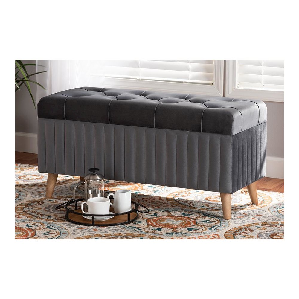 Grey Velvet Fabric Upholstered and Walnut Brown Finished Wood Storage Ottoman