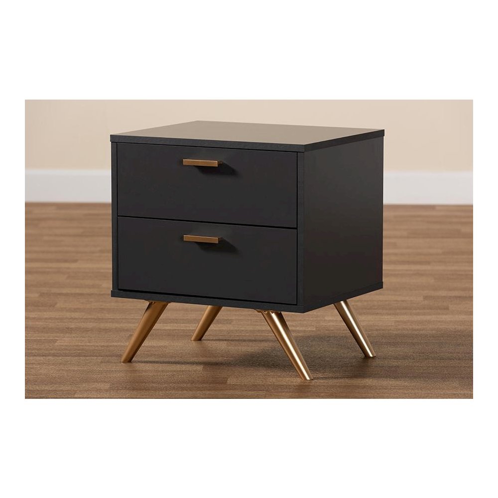 Dark Grey and Gold Finished Wood 2-Drawer Nightstand