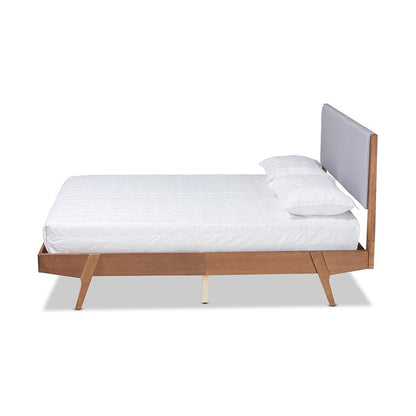 Grey Fabric Upholstered and Walnut Brown Finished Wood King Size Platform Bed