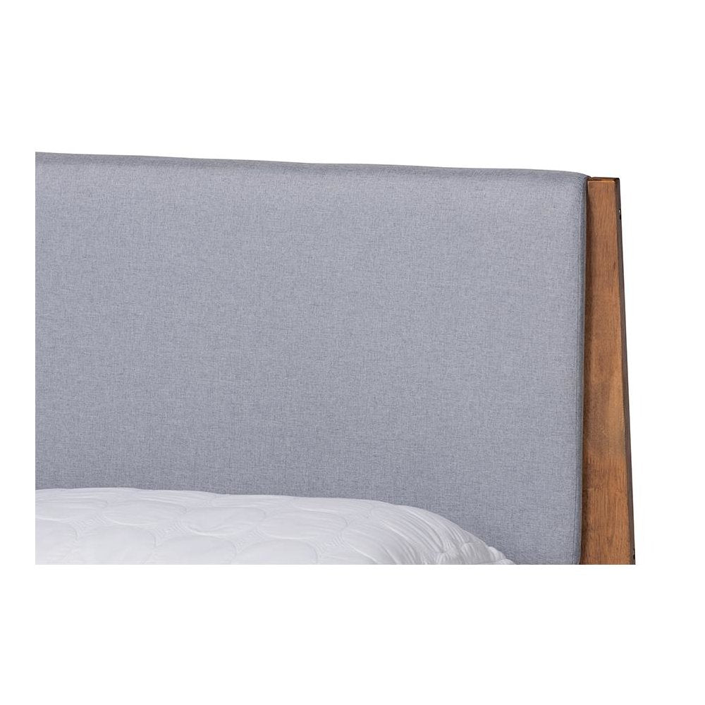 Grey Fabric Upholstered and Walnut Brown Finished Wood King Size Platform Bed