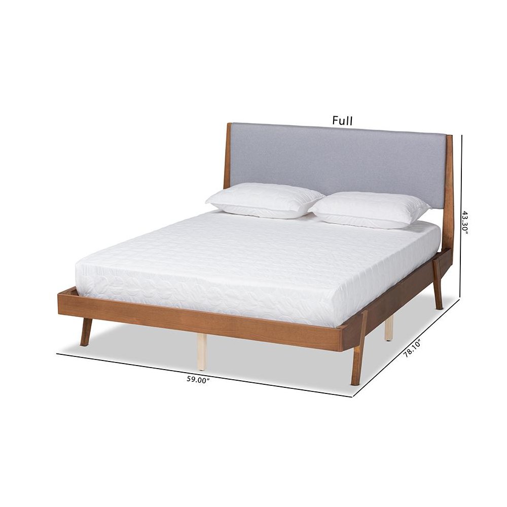 Grey Fabric Upholstered and Walnut Brown Finished Wood King Size Platform Bed