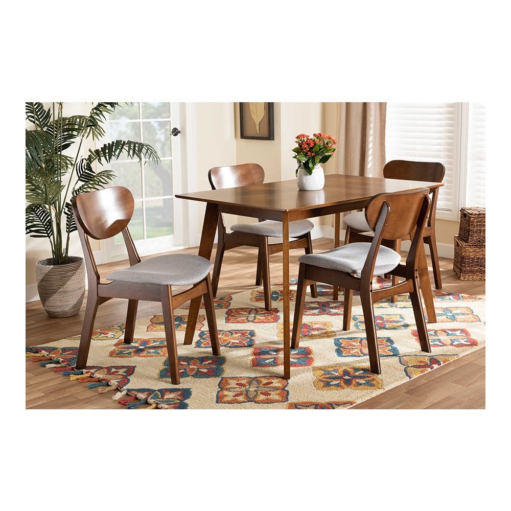 Grey Fabric Upholstered and Walnut Brown Finished Wood 5-Piece Dining Set