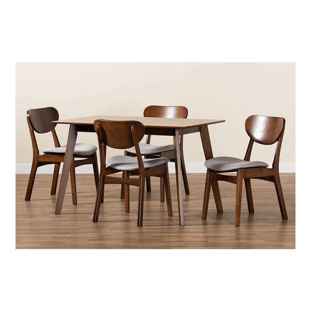 Grey Fabric Upholstered and Walnut Brown Finished Wood 5-Piece Dining Set