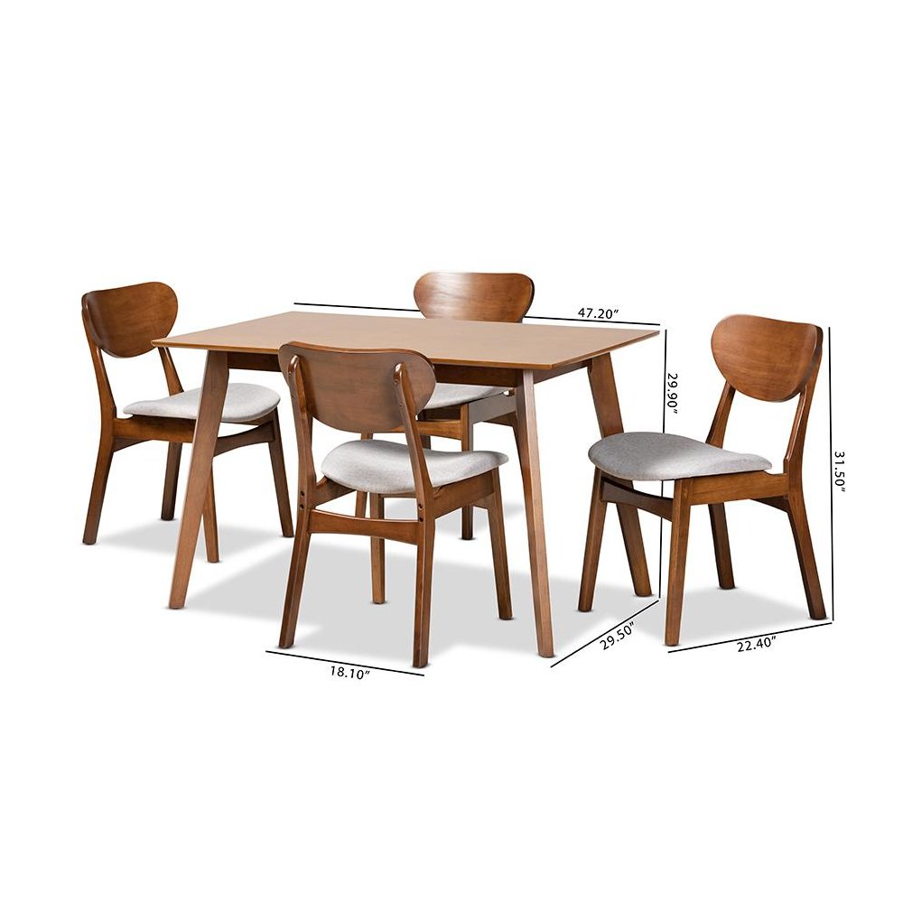 Grey Fabric Upholstered and Walnut Brown Finished Wood 5-Piece Dining Set