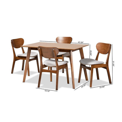 Grey Fabric Upholstered and Walnut Brown Finished Wood 5-Piece Dining Set
