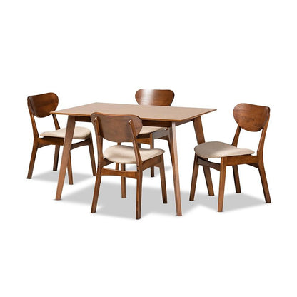 Sand Fabric Upholstered and Walnut Brown Finished Wood 5-Piece Dining Set
