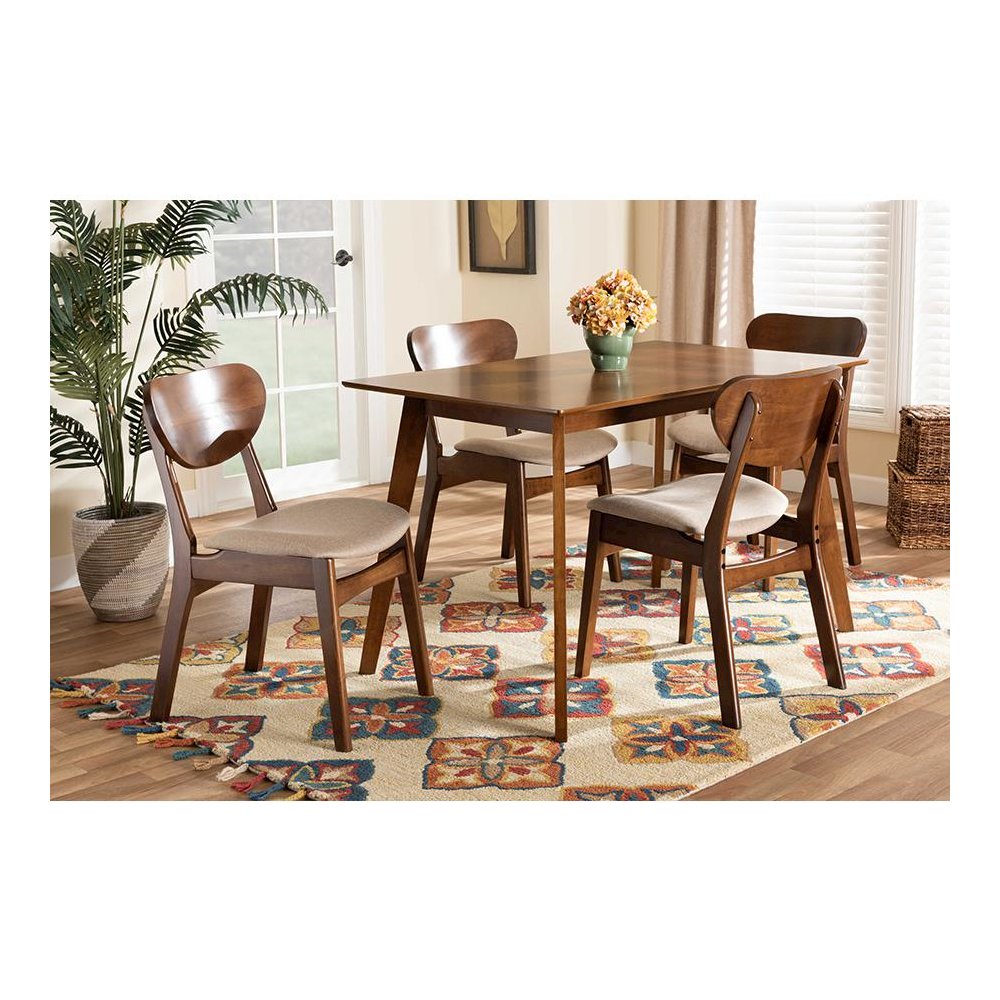 Sand Fabric Upholstered and Walnut Brown Finished Wood 5-Piece Dining Set