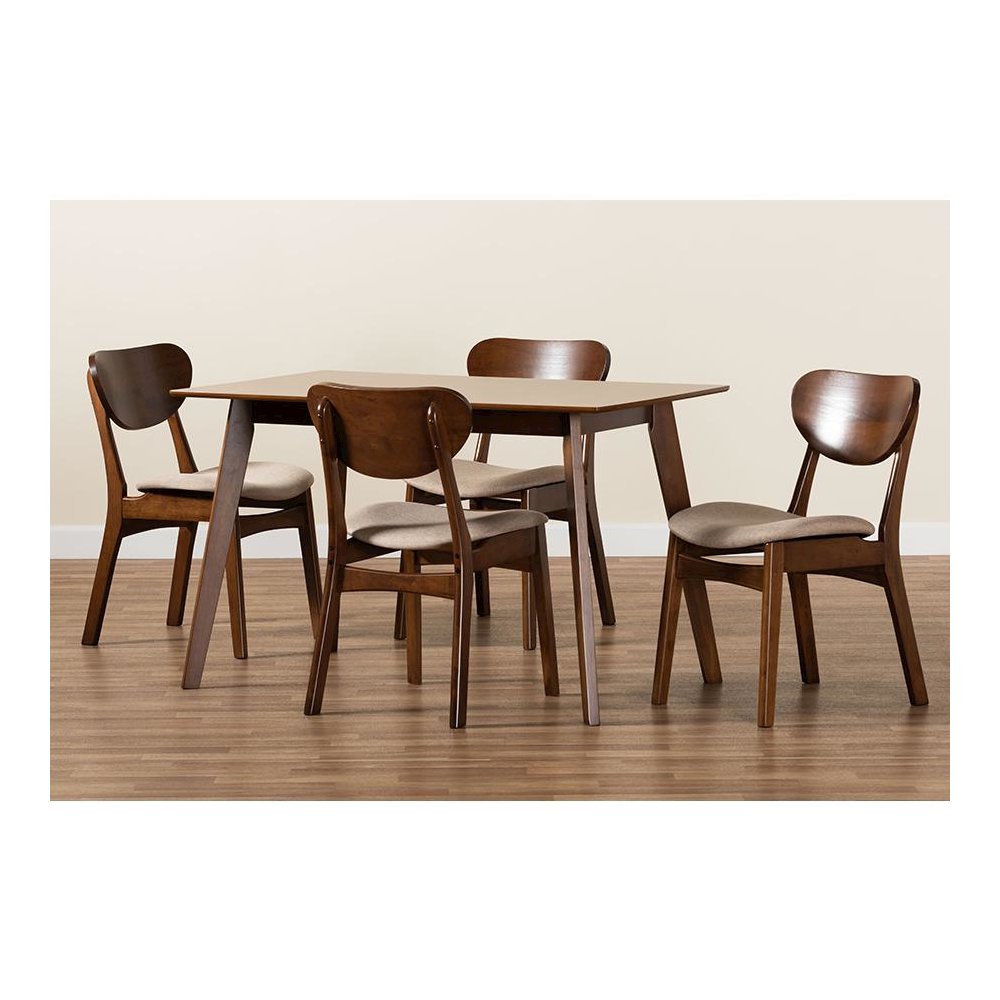 Sand Fabric Upholstered and Walnut Brown Finished Wood 5-Piece Dining Set