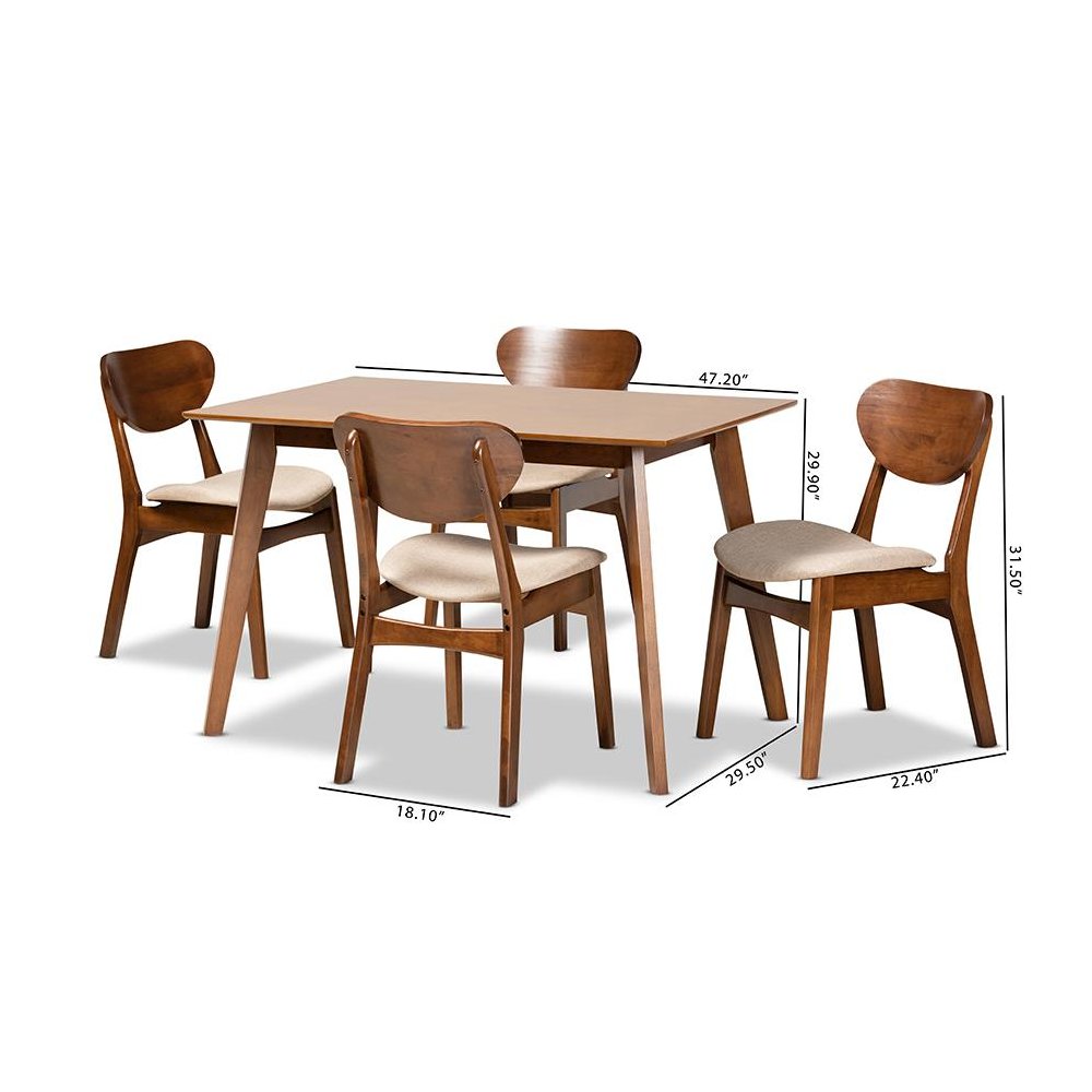 Sand Fabric Upholstered and Walnut Brown Finished Wood 5-Piece Dining Set