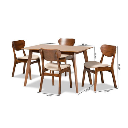 Sand Fabric Upholstered and Walnut Brown Finished Wood 5-Piece Dining Set