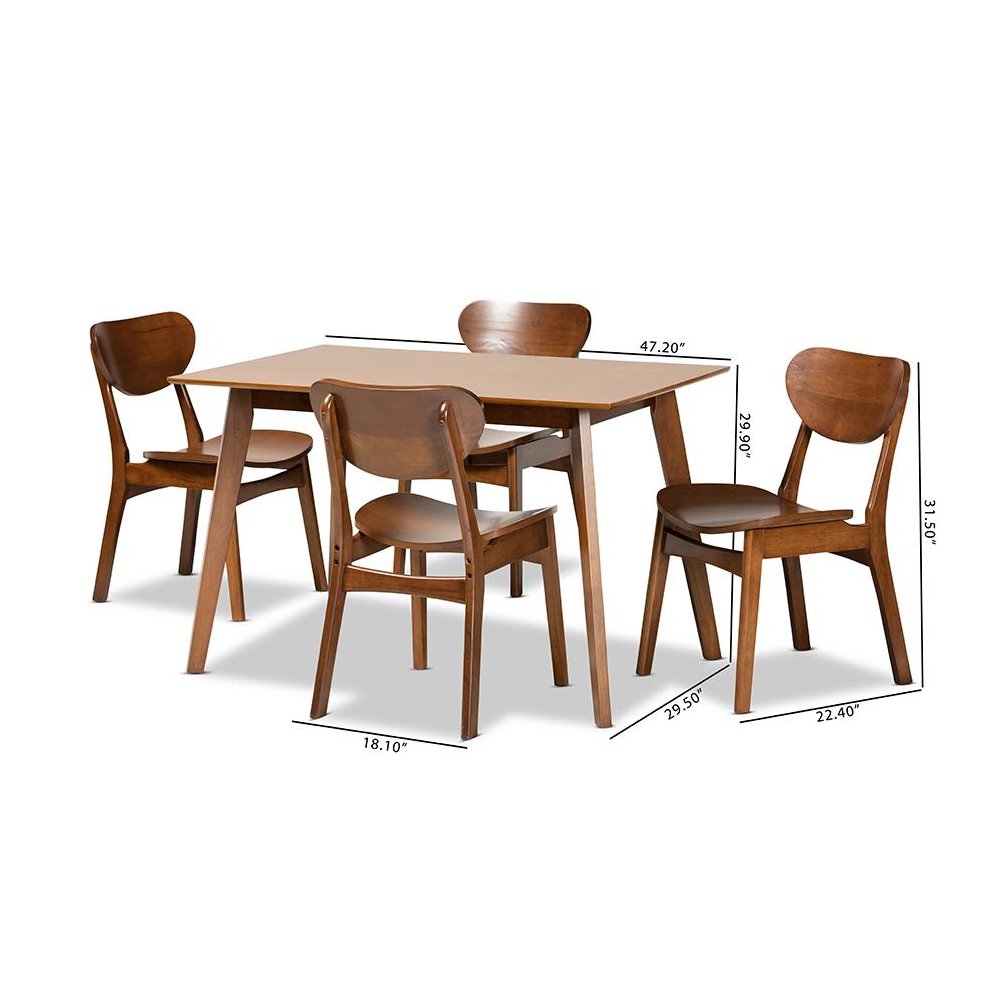Katya Mid-Century Modern Walnut Brown Finished Wood 5-Piece Dining Set