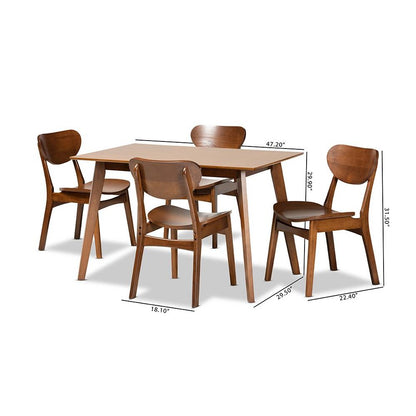 Katya Mid-Century Modern Walnut Brown Finished Wood 5-Piece Dining Set