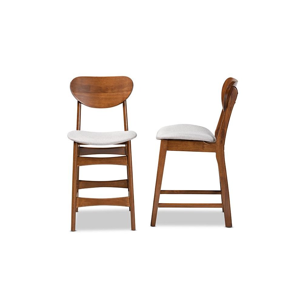 Grey Fabric Upholstered and Walnut Brown Finished Wood 2-Piece Counter Stool Set