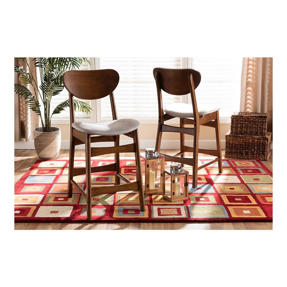 Grey Fabric Upholstered and Walnut Brown Finished Wood 2-Piece Counter Stool Set
