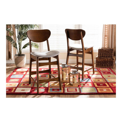 Grey Fabric Upholstered and Walnut Brown Finished Wood 2-Piece Counter Stool Set