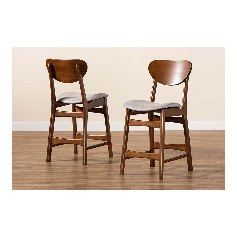 Grey Fabric Upholstered and Walnut Brown Finished Wood 2-Piece Counter Stool Set