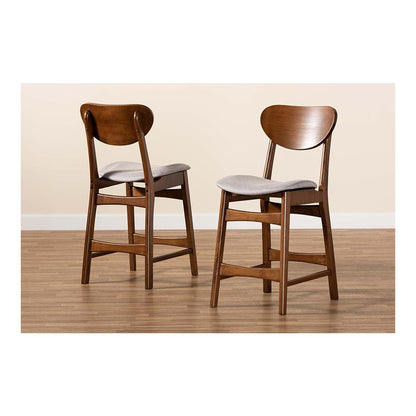 Grey Fabric Upholstered and Walnut Brown Finished Wood 2-Piece Counter Stool Set