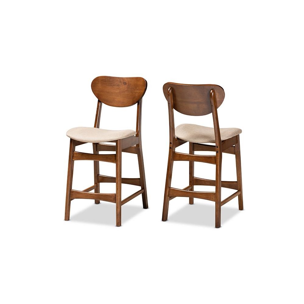 Sand Fabric Upholstered and Walnut Brown Finished Wood 2-Piece Counter Stool Set