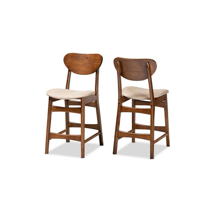 Sand Fabric Upholstered and Walnut Brown Finished Wood 2-Piece Counter Stool Set