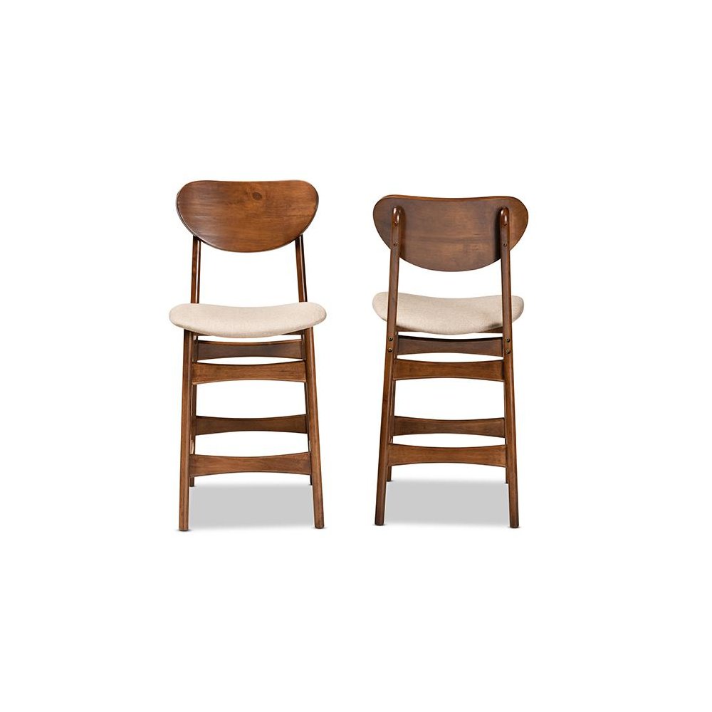 Sand Fabric Upholstered and Walnut Brown Finished Wood 2-Piece Counter Stool Set