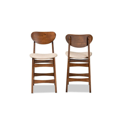 Sand Fabric Upholstered and Walnut Brown Finished Wood 2-Piece Counter Stool Set