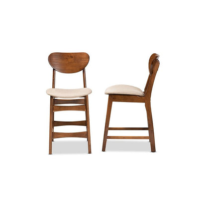 Sand Fabric Upholstered and Walnut Brown Finished Wood 2-Piece Counter Stool Set
