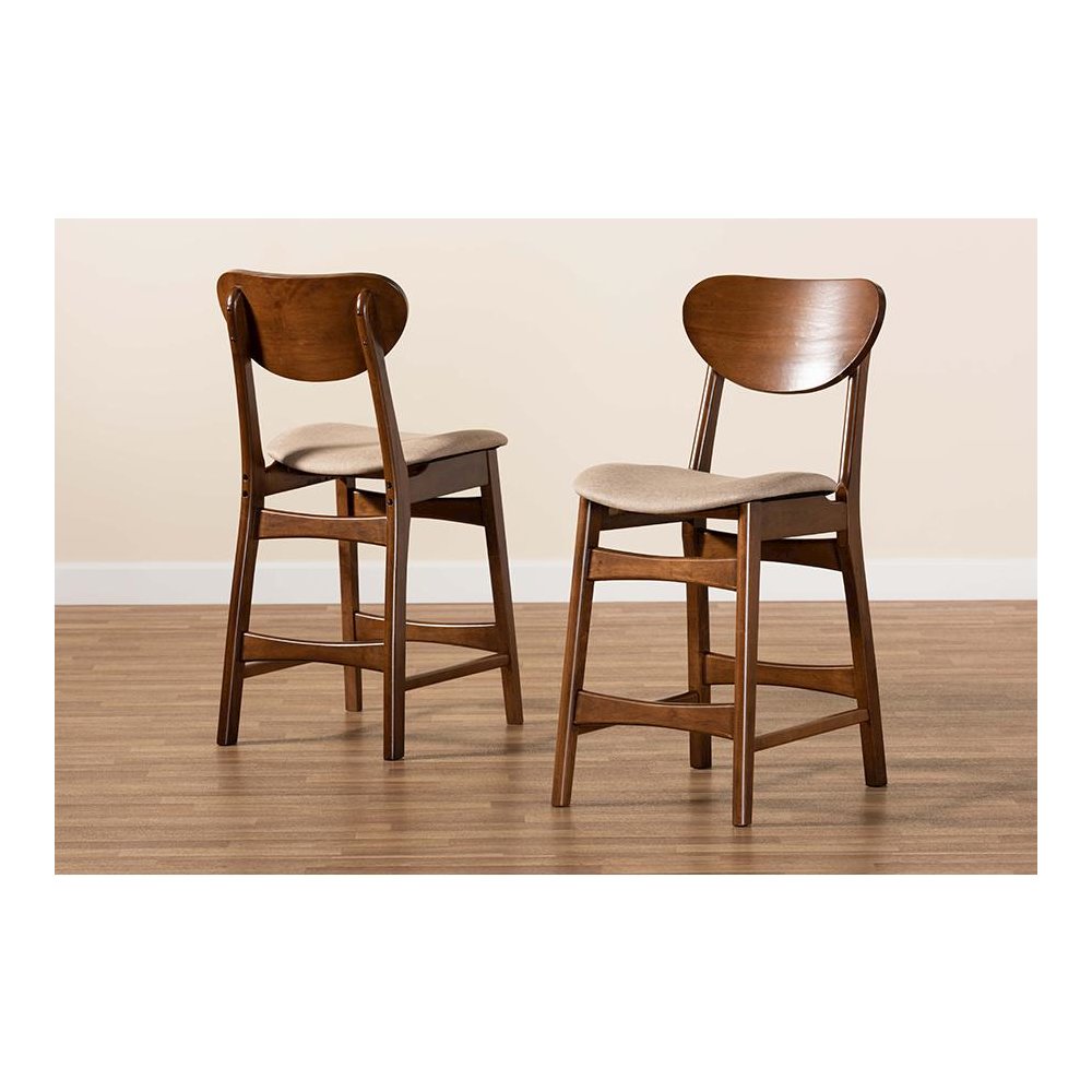 Sand Fabric Upholstered and Walnut Brown Finished Wood 2-Piece Counter Stool Set