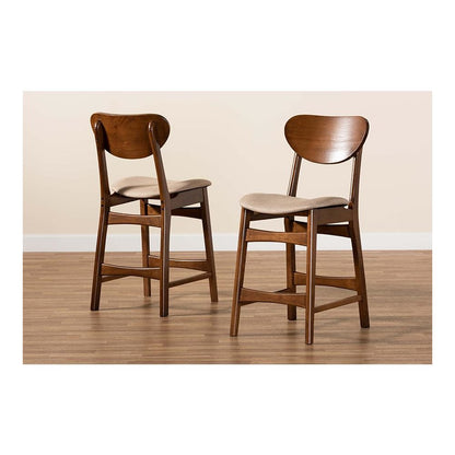 Sand Fabric Upholstered and Walnut Brown Finished Wood 2-Piece Counter Stool Set