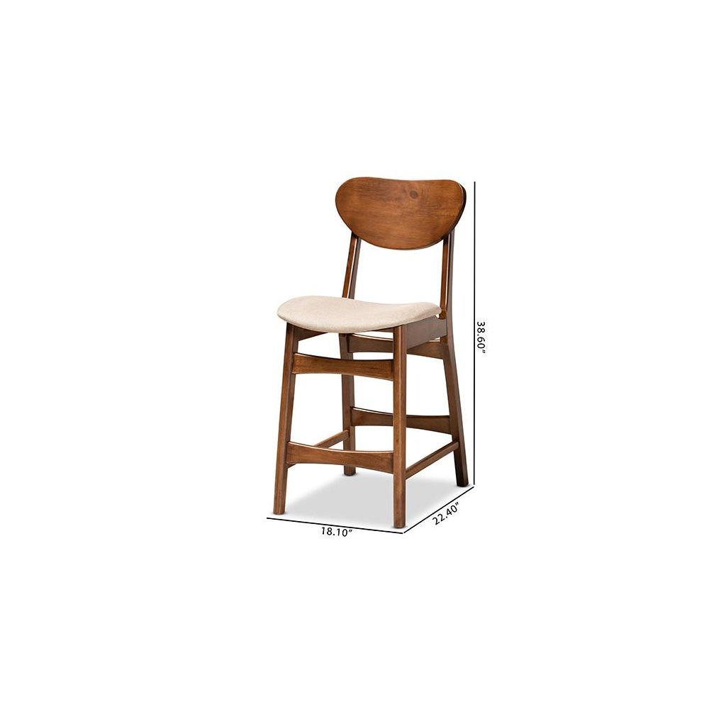 Sand Fabric Upholstered and Walnut Brown Finished Wood 2-Piece Counter Stool Set
