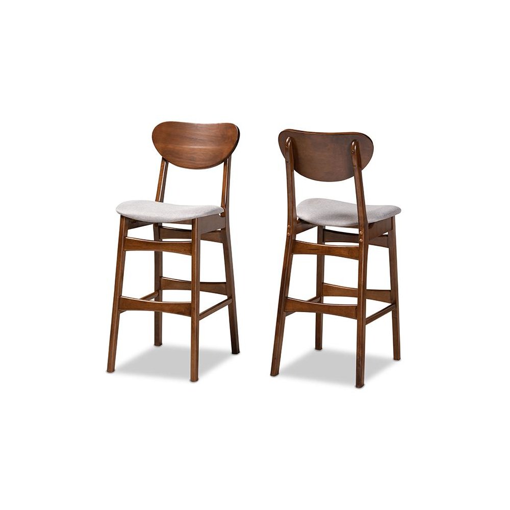 Grey Fabric Upholstered and Walnut Brown Finished Wood 2-Piece Bar Stool Set