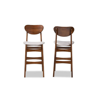 Grey Fabric Upholstered and Walnut Brown Finished Wood 2-Piece Bar Stool Set