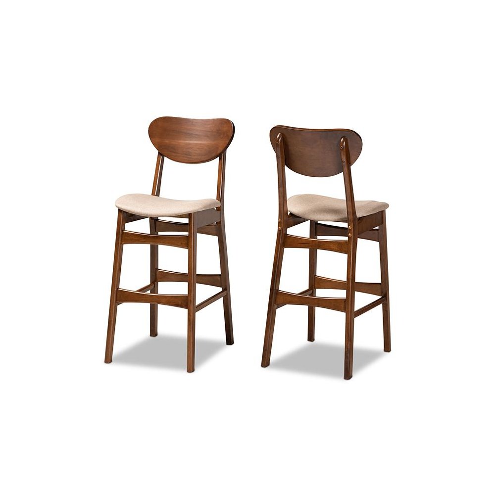 Sand Fabric Upholstered and Walnut Brown Finished Wood 2-Piece Bar Stool Set
