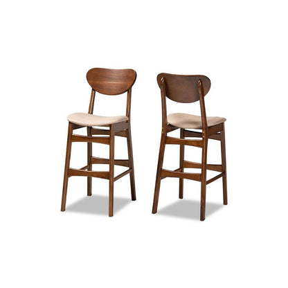Sand Fabric Upholstered and Walnut Brown Finished Wood 2-Piece Bar Stool Set