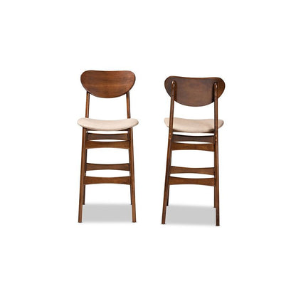 Sand Fabric Upholstered and Walnut Brown Finished Wood 2-Piece Bar Stool Set