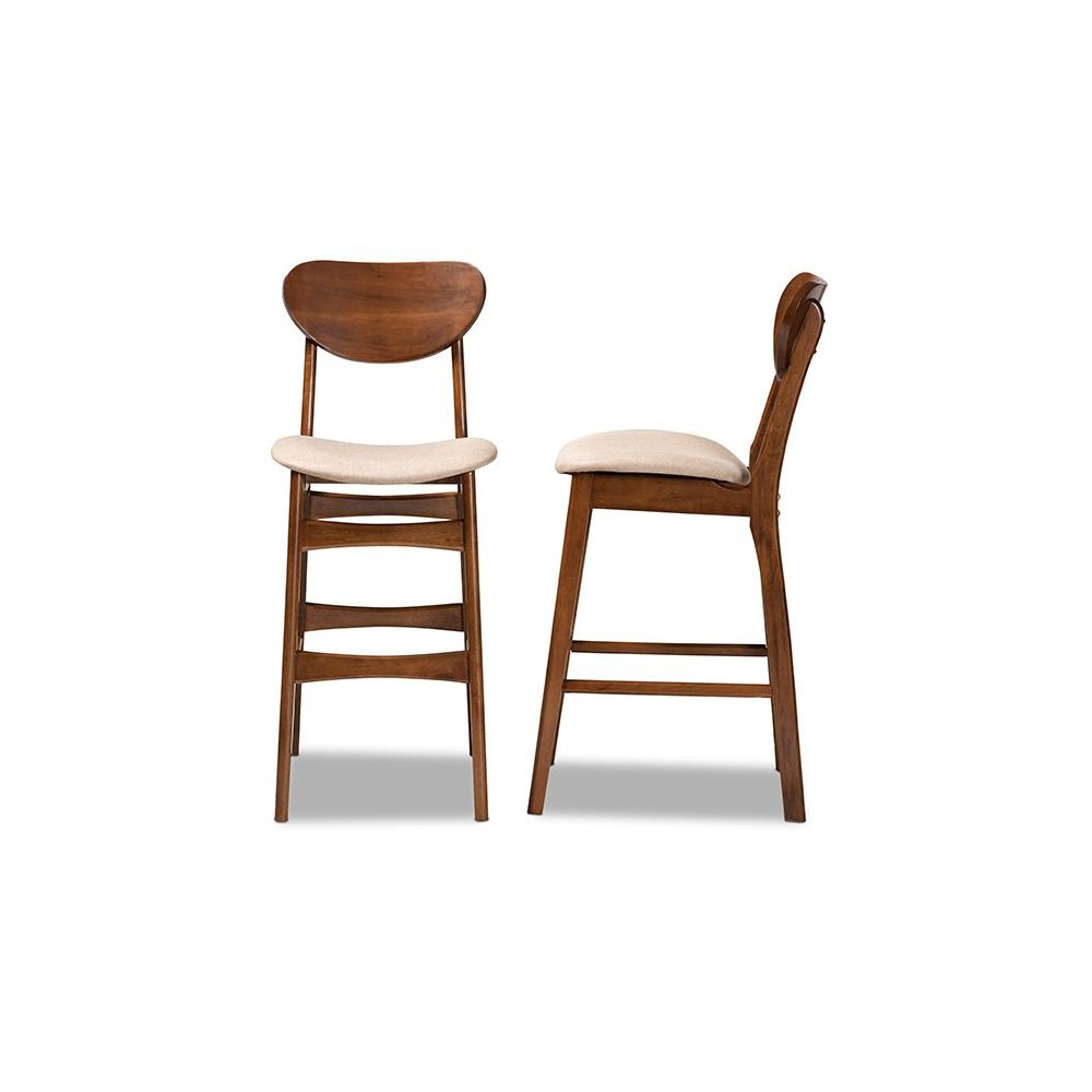 Sand Fabric Upholstered and Walnut Brown Finished Wood 2-Piece Bar Stool Set