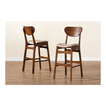Sand Fabric Upholstered and Walnut Brown Finished Wood 2-Piece Bar Stool Set