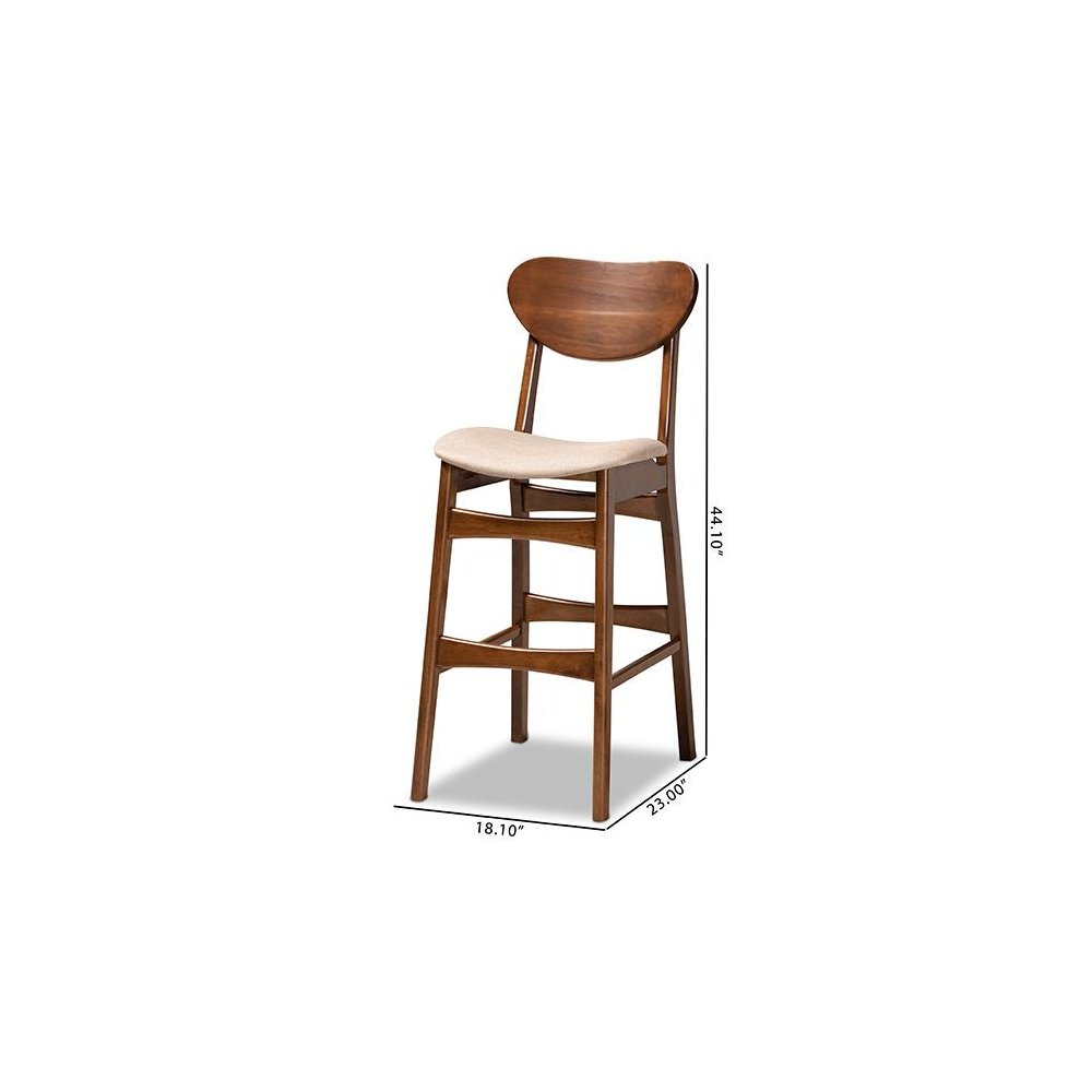 Sand Fabric Upholstered and Walnut Brown Finished Wood 2-Piece Bar Stool Set