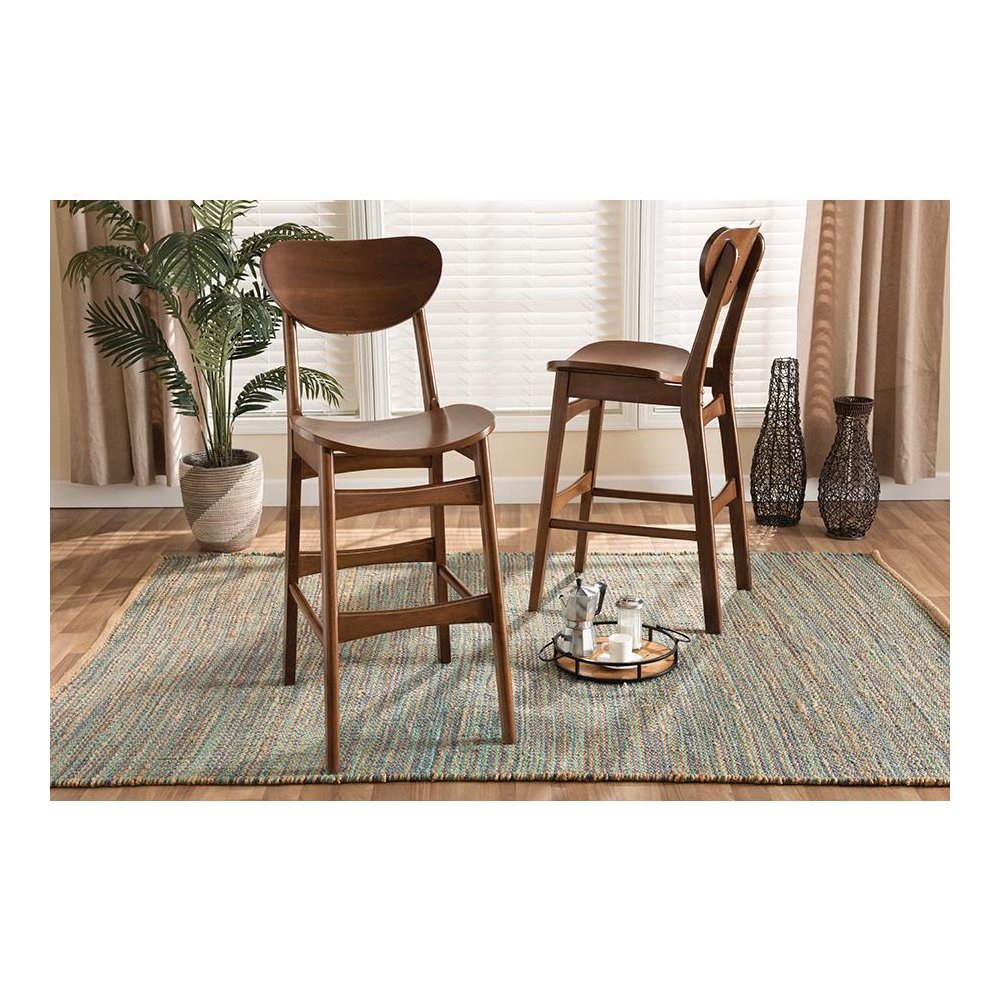 Katya Mid-Century Modern Walnut Brown Finished Wood 2-Piece Bar Stool Set