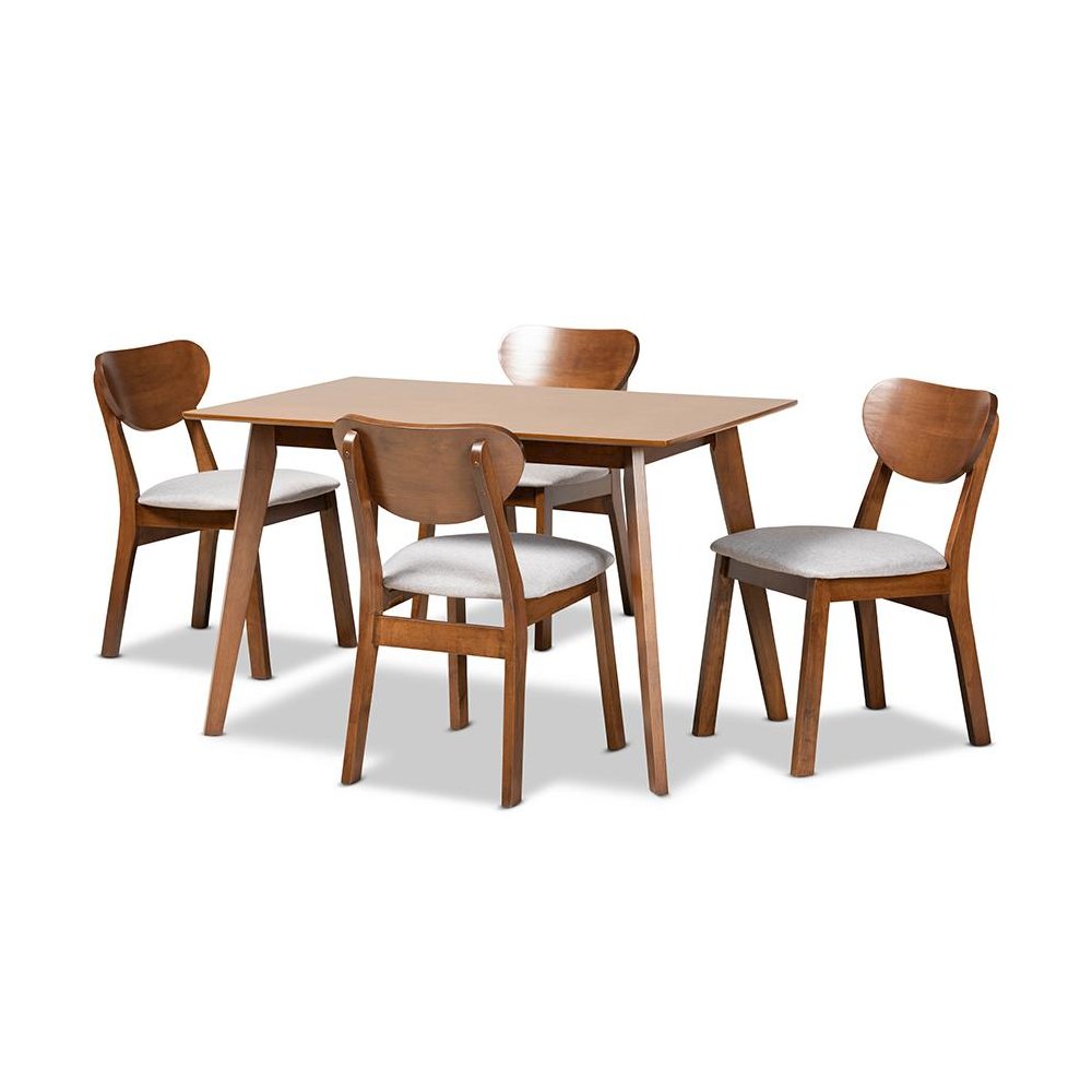 Grey Fabric Upholstered and Walnut Brown Finished Wood 5-Piece Dining Set