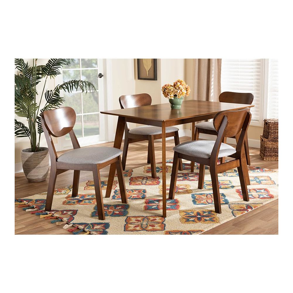 Grey Fabric Upholstered and Walnut Brown Finished Wood 5-Piece Dining Set