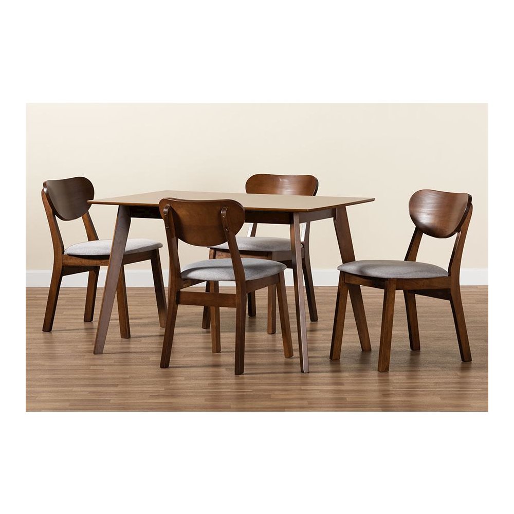 Grey Fabric Upholstered and Walnut Brown Finished Wood 5-Piece Dining Set
